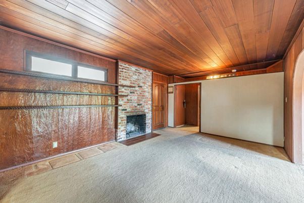 Empty room, Fireplace, Interior, Stone Walls, Wooden Ceilings, Wooden Walls