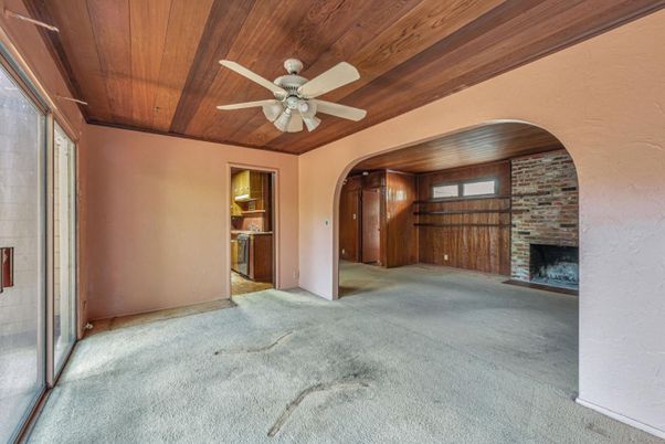 Empty room, Fireplace, Interior, Stone Walls, Wooden Ceilings