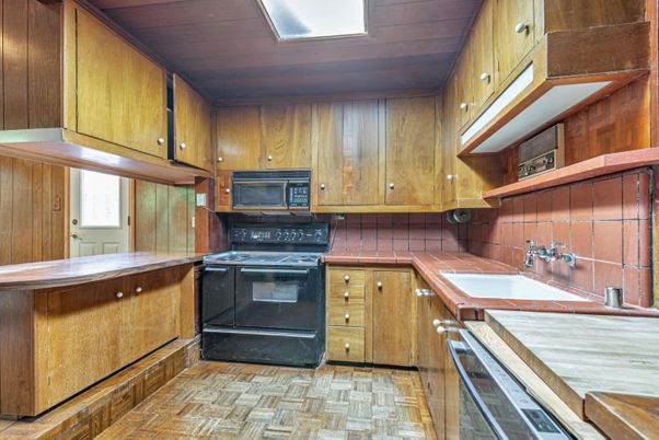 Interior, Kitchen, Tile Countertops, Wooden Ceilings, Wood Texture Flooring, Wooden Walls