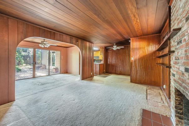 Empty room, Fireplace, Interior, Stone Walls, Wooden Ceilings, Wooden Walls