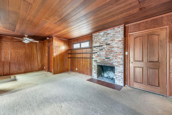 Empty room, Fireplace, Interior, Stone Walls, Wooden Ceilings, Wooden Walls