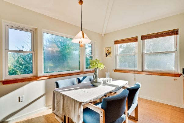 Dining room, Interior, Pendant Lights, Wood Texture Flooring