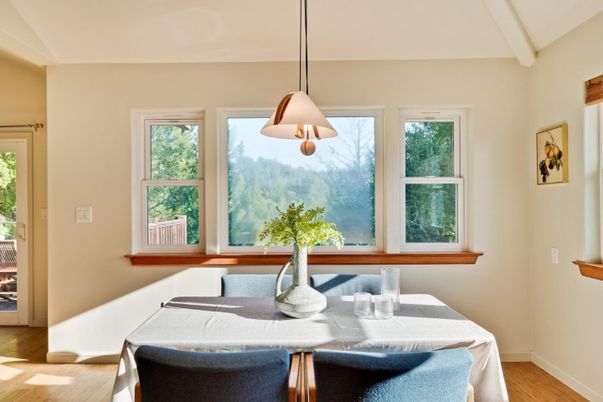 Dining room, Interior, Pendant Lights, Wood Texture Flooring