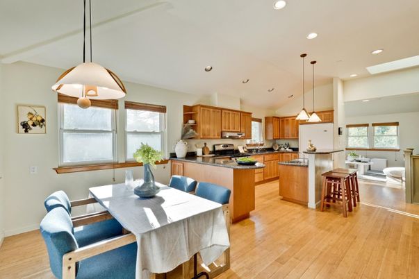 Dining room, Interior, Kitchen, Pendant Lights, Recessed Lighting, Stainless Steel Appliances, Wood Texture Flooring