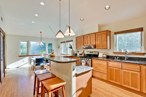 Dining room, Interior, Kitchen, Pendant Lights, Recessed Lighting, Wood Texture Flooring