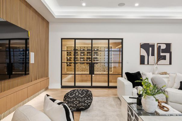 Interior, Living room, Recessed Lighting, Wine Storage, Wood Texture Flooring