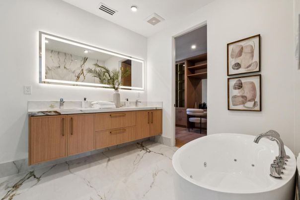 Bathroom, Dual Sink Vanities, Free Standing Baths, Interior, Marble, Marble Walls, Recessed Lighting
