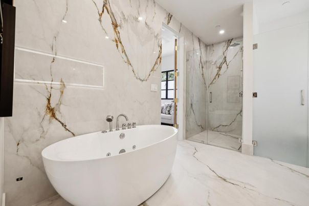 Bathroom, Free Standing Baths, Glass Shower, Interior, Marble, Marble Walls, Recessed Lighting