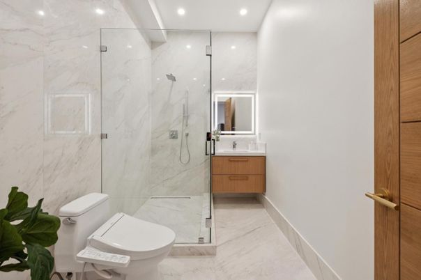 Bathroom, Glass Shower, Interior, Marble, Marble Walls, Recessed Lighting