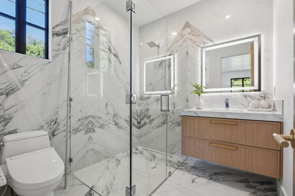 Bathroom, Glass Shower, Interior, Marble, Marble Walls, Recessed Lighting