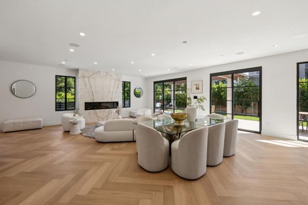 Dining room, Fireplace, Interior, Living room, Marble Walls, Recessed Lighting, Wood Texture Flooring