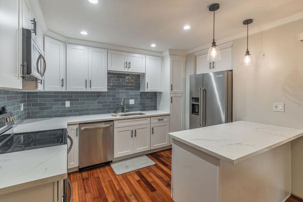 Interior, Kitchen, Pendant Lights, Recessed Lighting, Stainless Steel Appliances, Wood Texture Flooring