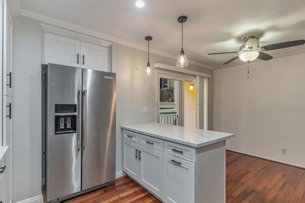 Interior, Kitchen, Pendant Lights, Recessed Lighting, Stainless Steel Appliances, Wood Texture Flooring
