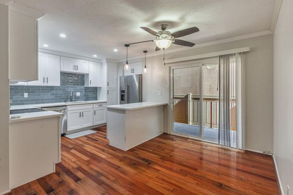 Interior, Kitchen, Pendant Lights, Recessed Lighting, Stainless Steel Appliances, Wood Texture Flooring