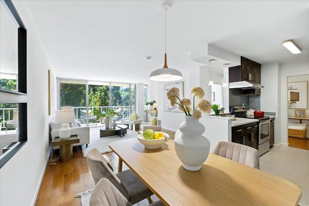 Dining room, Interior, Kitchen, Living room, Pendant Lights, Stainless Steel Appliances, Wood Texture Flooring