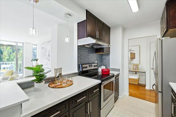 Interior, Kitchen, Pendant Lights, Stainless Steel Appliances, Wood Texture Flooring