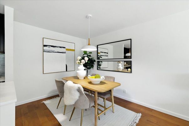 Dining room, Interior, Pendant Lights, Wood Texture Flooring