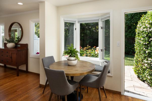 Dining room, Interior, Recessed Lighting, Wood Texture Flooring