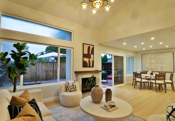 Dining room, Fireplace, Interior, Living room, Recessed Lighting, Wood Texture Flooring