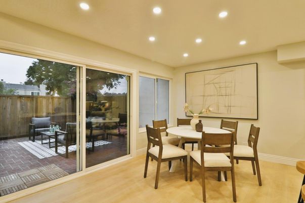 Dining room, Interior, Recessed Lighting, Wood Texture Flooring