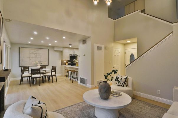 Dining room, Interior, Kitchen, Recessed Lighting, Stainless Steel Appliances, Wood Texture Flooring