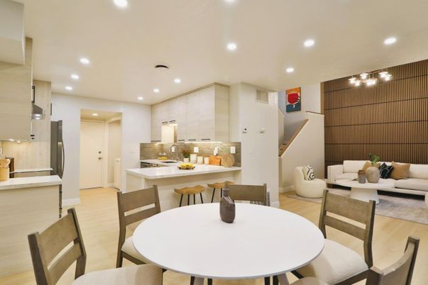 Dining room, Interior, Kitchen, Living room, Recessed Lighting, Stainless Steel Appliances, Wood Texture Flooring
