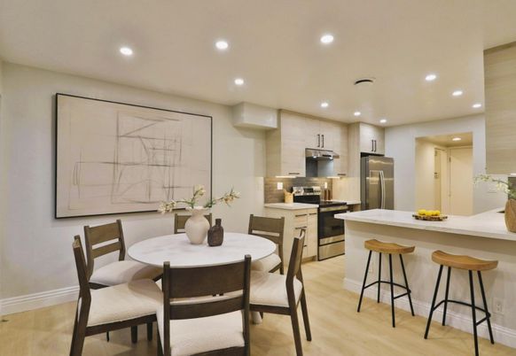 Dining room, Interior, Kitchen, Recessed Lighting, Stainless Steel Appliances, Wood Texture Flooring