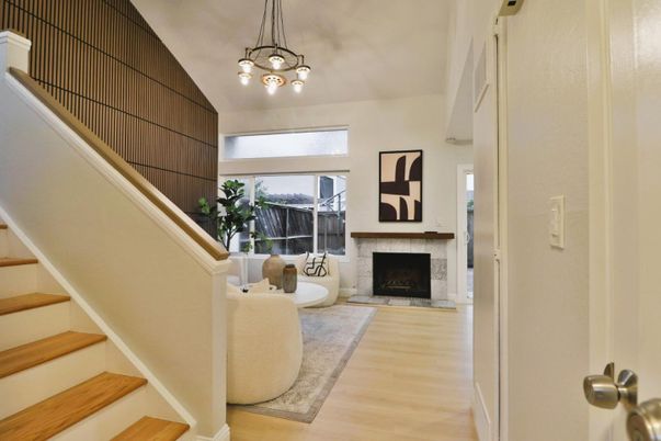 Fireplace, Interior, Pendant Lights, Wood Texture Flooring