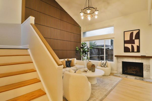 Fireplace, Interior, Living room, Pendant Lights, Wood Texture Flooring