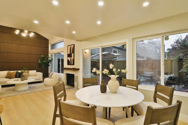 Dining room, Fireplace, Interior, Living room, Recessed Lighting, Wood Texture Flooring