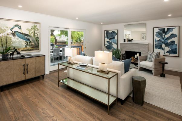Fireplace, Interior, Living room, Recessed Lighting, Wood Texture Flooring