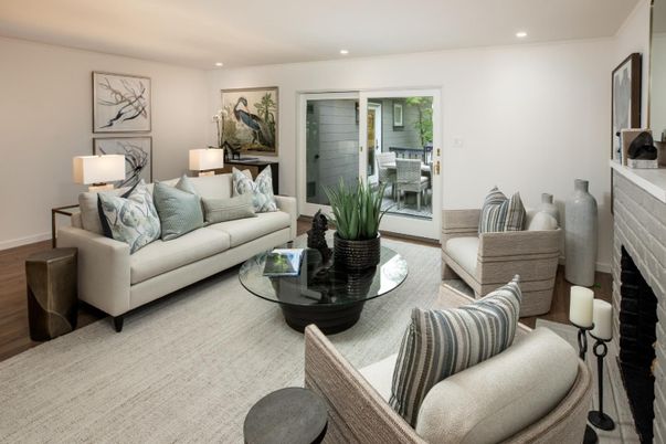 Fireplace, Interior, Living room, Recessed Lighting, Wood Texture Flooring