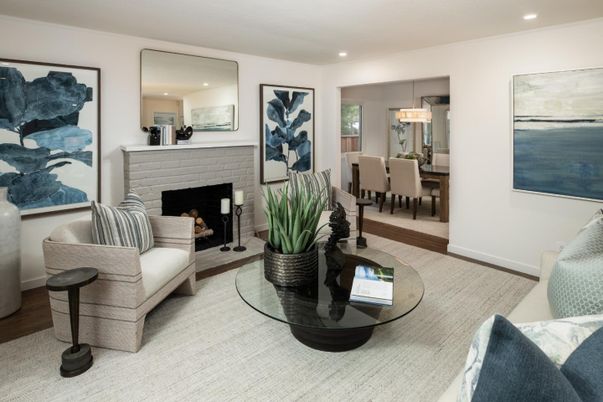 Chandelier, Dining room, Fireplace, Interior, Living room, Recessed Lighting, Wood Texture Flooring