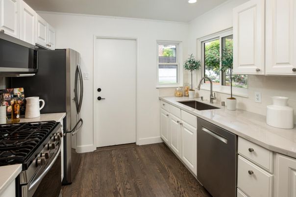 Interior, Kitchen, Recessed Lighting, Stainless Steel Appliances, Wood Texture Flooring