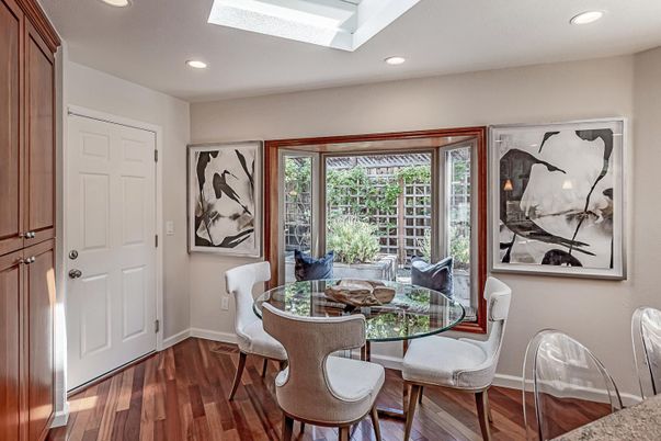 Dining room, Interior, Recessed Lighting, Wood Texture Flooring