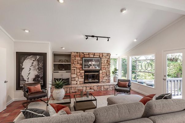 Fireplace, Interior, Living room, Recessed Lighting, Stone Walls