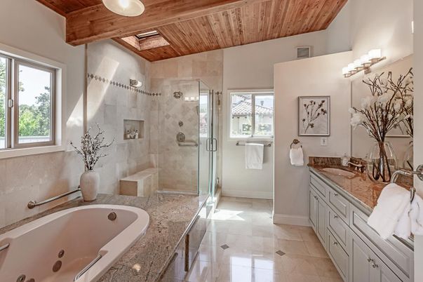 Bathroom, Glass Shower, Interior, Wooden Ceilings