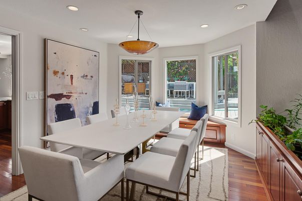 Dining room, Interior, Pendant Lights, Recessed Lighting, Wood Texture Flooring