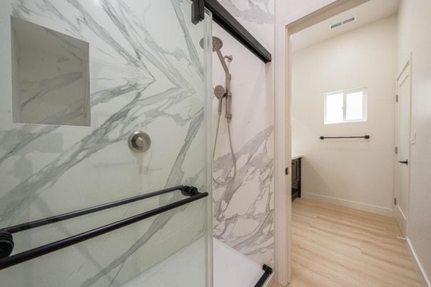 Bathroom, Interior, Marble Walls, Wood Texture Flooring