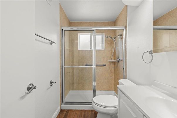 Bathroom, Glass Shower, Interior, Wood Texture Flooring