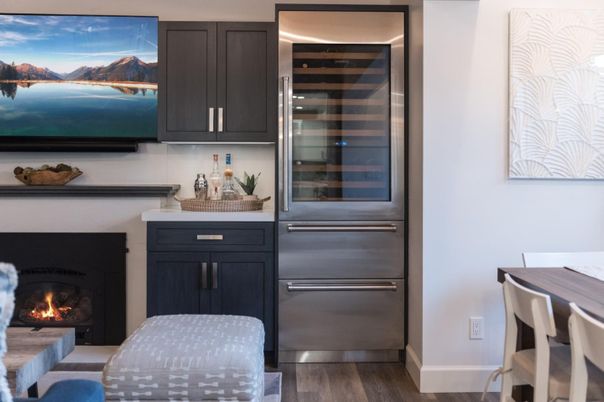 Fireplace, Interior, Kitchen, Stainless Steel Appliances, Wood Texture Flooring
