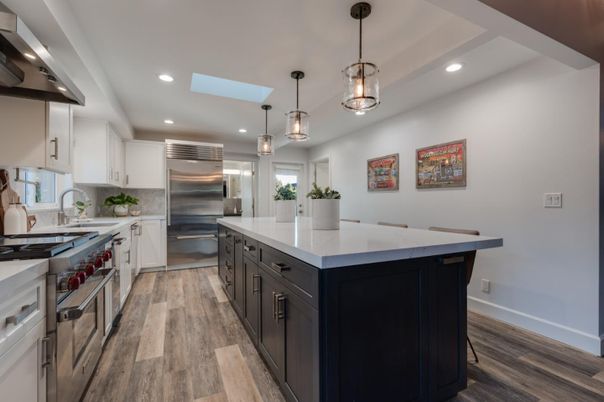 Interior, Kitchen, Pendant Lights, Recessed Lighting, Stainless Steel Appliances, Wood Texture Flooring
