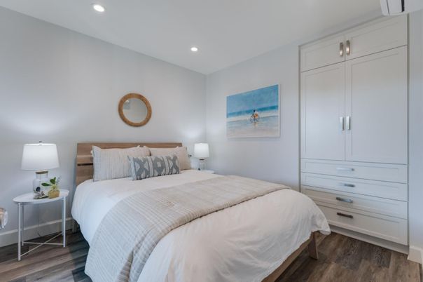 Bedroom, Interior, Recessed Lighting, Wood Texture Flooring