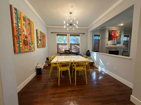 Dining room, Fireplace, Interior, Pendant Lights, Recessed Lighting, Wood Texture Flooring