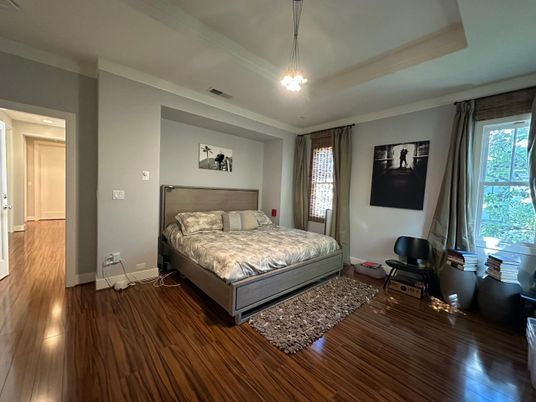 Bedroom, Interior, Pendant Lights, Wood Texture Flooring