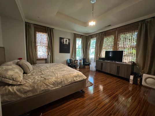 Bedroom, Interior, Pendant Lights, Wood Texture Flooring