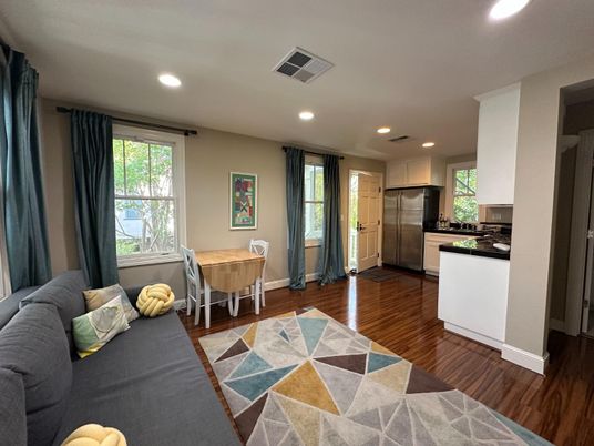 Dining room, Interior, Kitchen, Recessed Lighting, Stainless Steel Appliances, Wood Texture Flooring