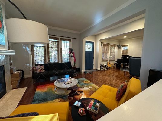 Fireplace, Interior, Living room, Piano, Recessed Lighting, Wood Texture Flooring