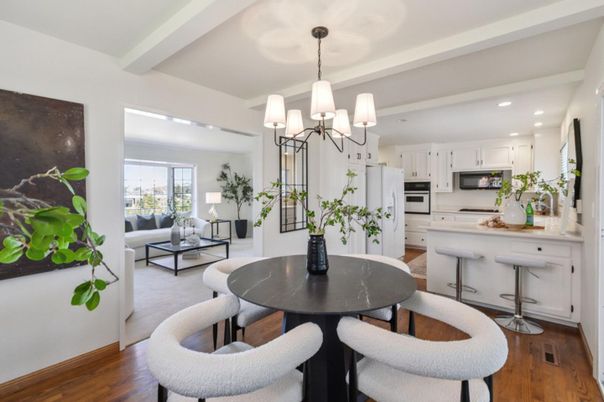 Chandelier, Dining room, Interior, Kitchen, Living room, Recessed Lighting, Stainless Steel Appliances, Wood Texture Flooring