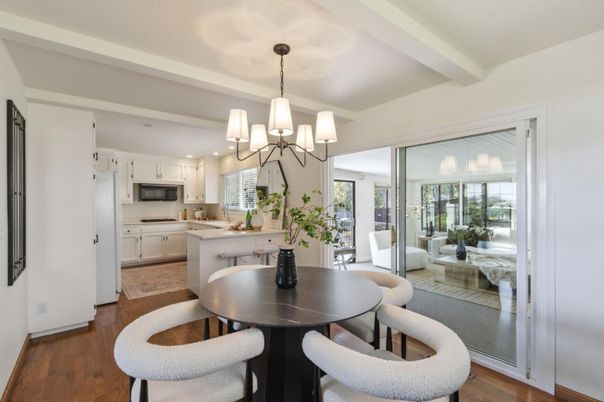 Chandelier, Dining room, Interior, Kitchen, Recessed Lighting, Stainless Steel Appliances, Wood Texture Flooring